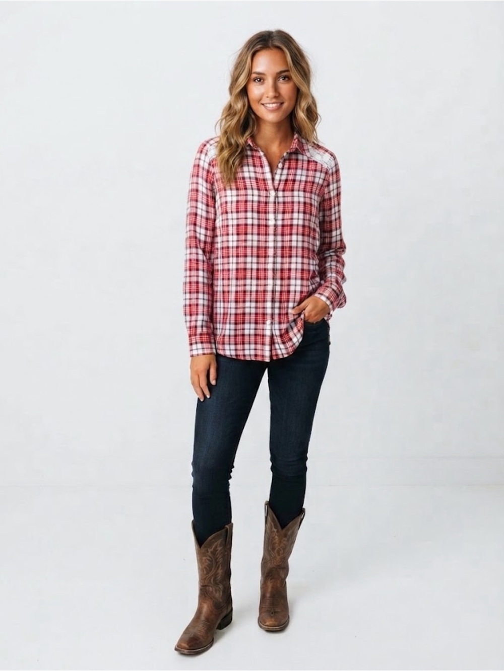 Kim Rogers Red and White Plaid Button-Down Shirt blouse with Lace Size M